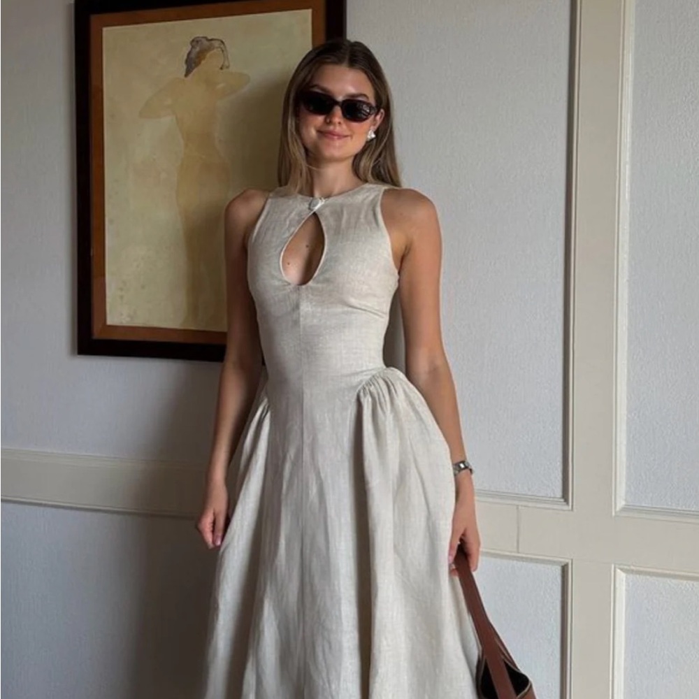 Tan Linen Midi Dress